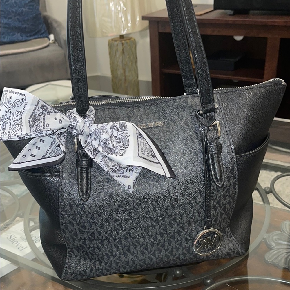 SOLD Michael Kors Black and Gray Monogram Tote with Logo Charm